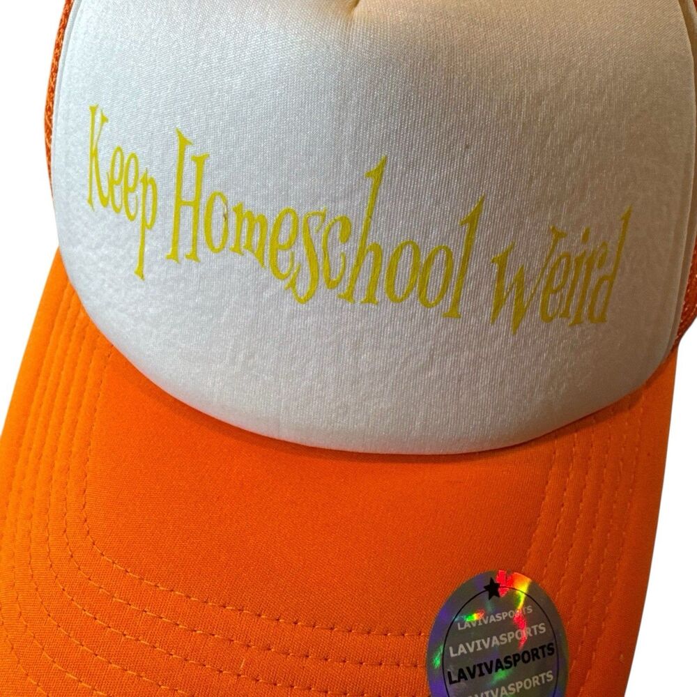 LAVIVASPORTS Keep Homeschool Weird Trucker Hat One Size Orange White Snapback - Picture 2 of 11